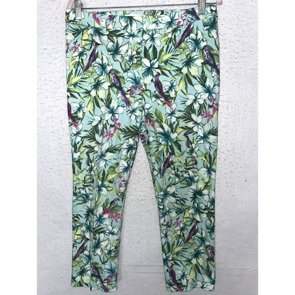 Chico's sz 1 Womens M (8) Stretch Floral Tropical Capri Pants Slim Fit Green